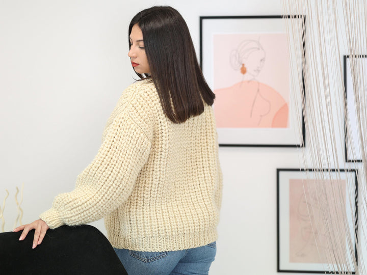 Wool Sweater Cream Fisherman Rib Knit, Hand Knitted Warm Wool Jumper T1165