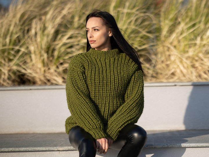 Wool Sweater Green Fisherman Rib Knit, Hand Knitted Warm Wool Jumper T1178