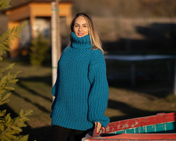 Wool Sweater Blue Turtleneck, Hand Knitted 100% Wool Jumper T1302