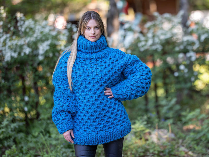 Blue Hand-Knitted Wool Sweater – Honeycomb Cable Turtleneck Pullover for Women T1199