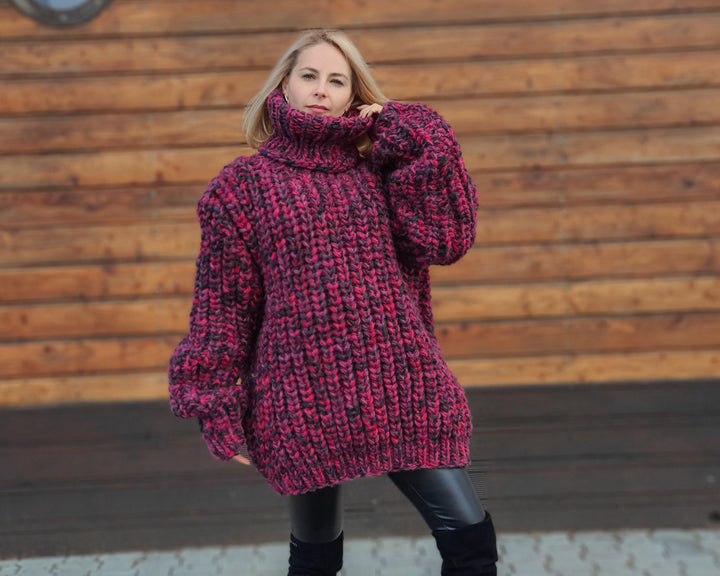 Oversized Wool Sweater – Hand-Knitted English Rib Chunky Jumper T953