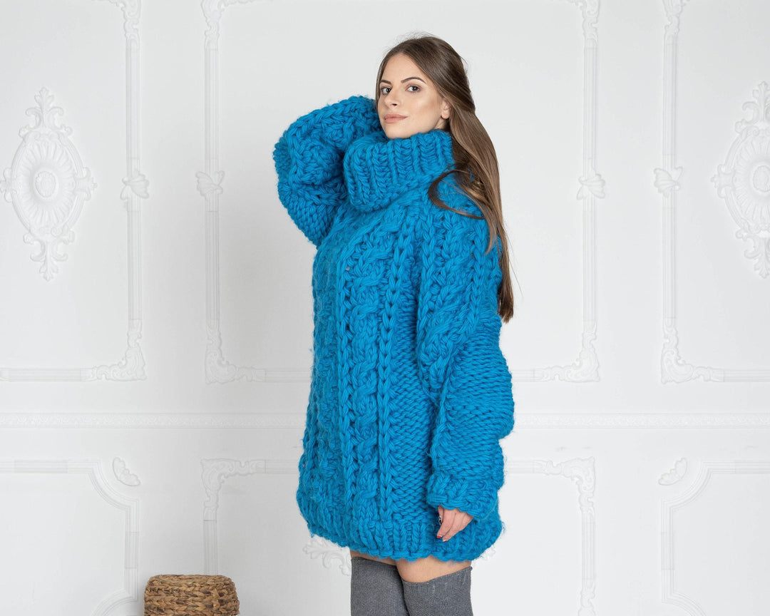 5-Strand Thick Blue Wool Sweater – Huge Chunky Knit Woolen Pullover T627W