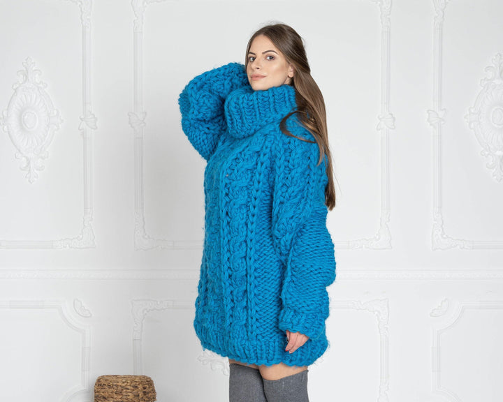 5-Strand Thick Blue Wool Sweater – Huge Chunky Knit Woolen Pullover T627W