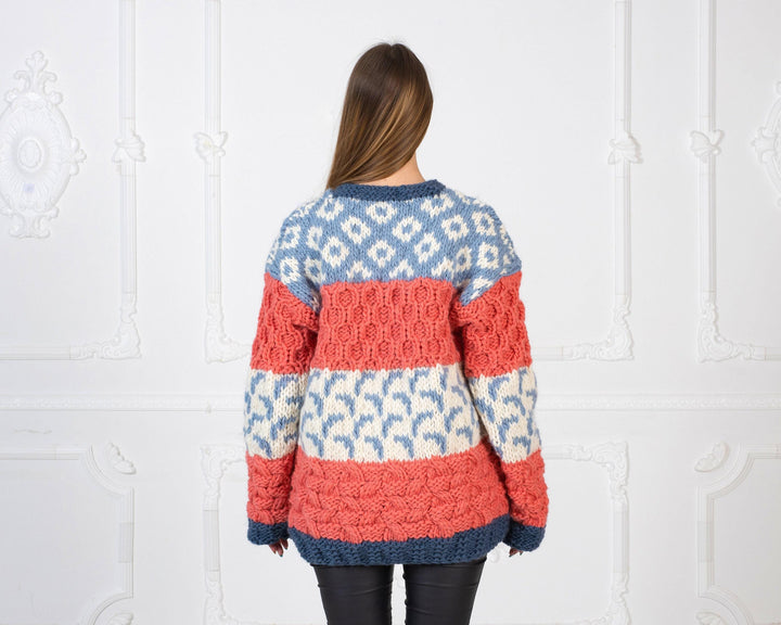 Colorful Wool Sweater, Hand Knitted 100% Wool Jumper, Chunky Multicolor Pullover T969