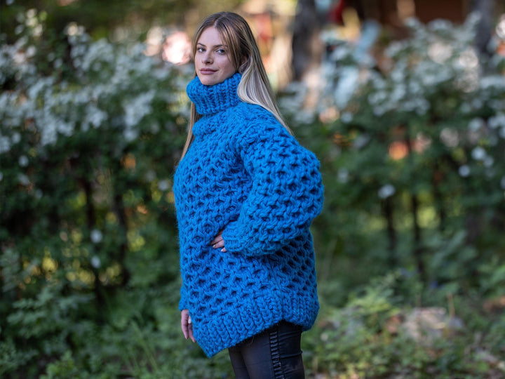 Blue Hand-Knitted Wool Sweater – Honeycomb Cable Turtleneck Pullover for Women T1199