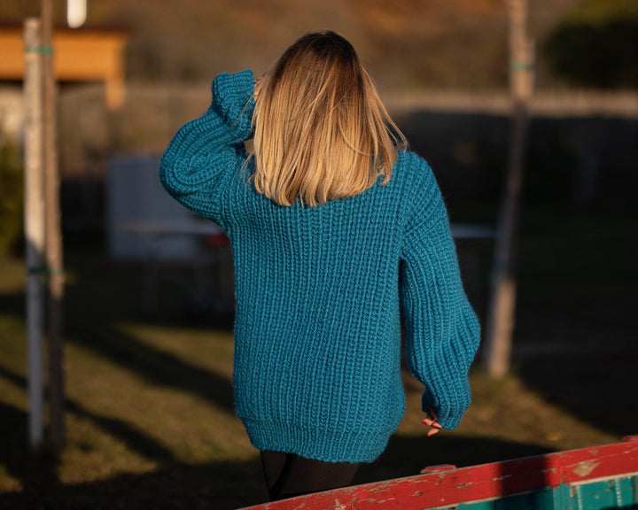 Wool Sweater Blue Turtleneck, Hand Knitted 100% Wool Jumper T1302