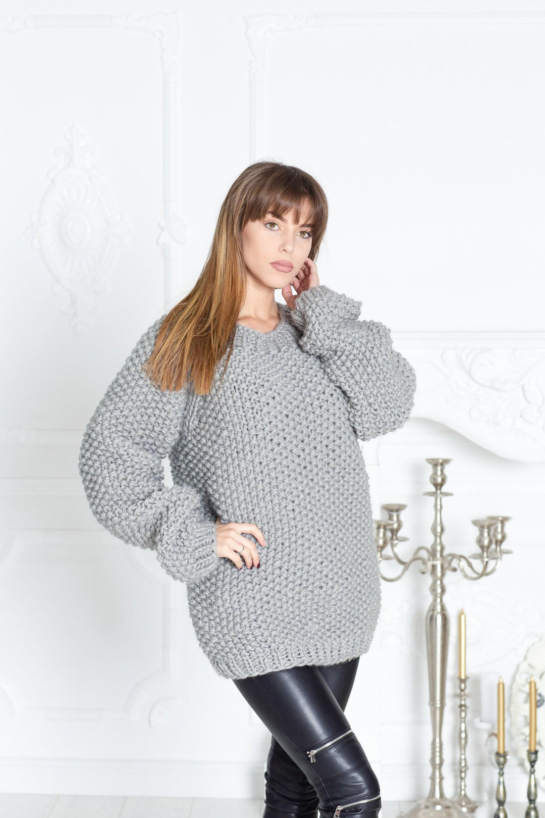 Wool Sweater Gray Rice Stitch Crewneck, Hand Knitted 100% Wool Pullover T600