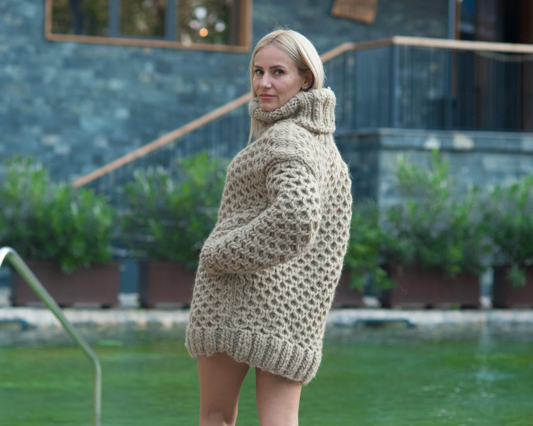 Eco Wool Sweater, Hand Knitted Honeycomb Wool Jumper, Natural Fiber Chunky Pullover T811