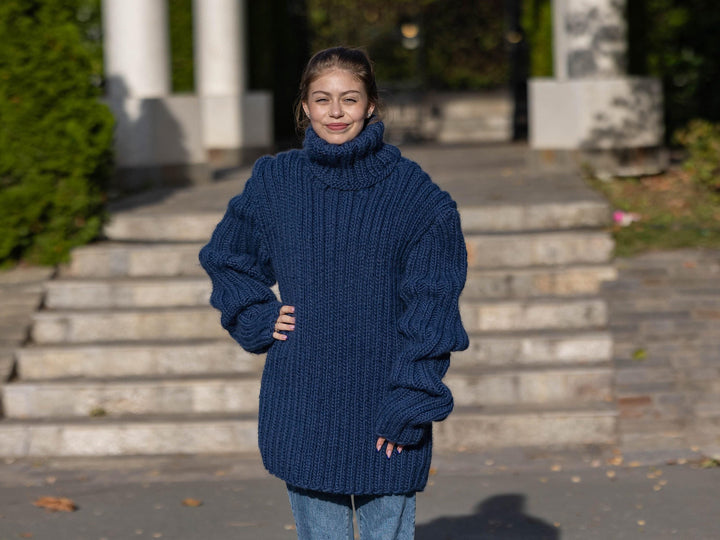 Wool Sweater Blue Ribbed Knit, Hand Knitted Chunky Wool Pullover T1290