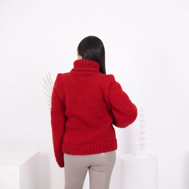 Wool Sweater Red Chunky Knit, Hand Knitted 100% Wool Jumper T1592