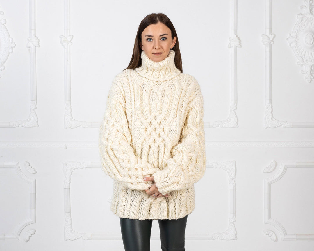 Wool Sweater Cream Cable Knit for Women, Hand Knitted Soft Wool Pullover T971M