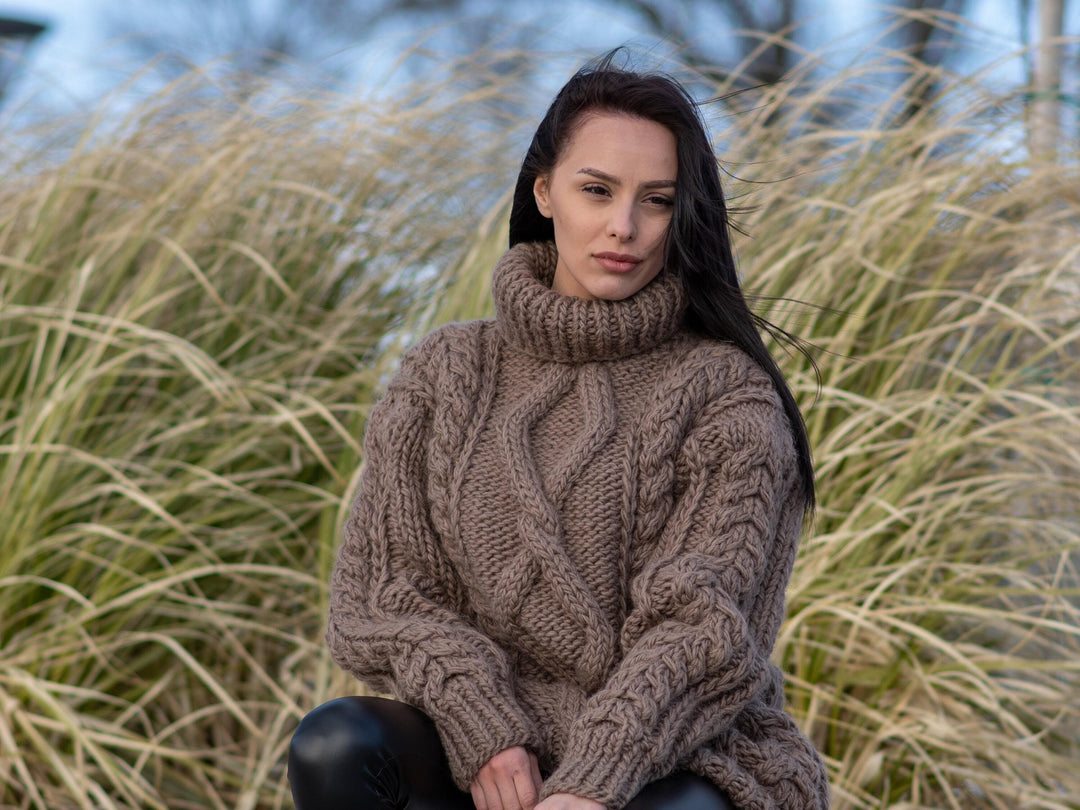 Chunky Cable Knit Sweater, Hand Knitted Wool Jumper, Thick Winter Pullover T1179