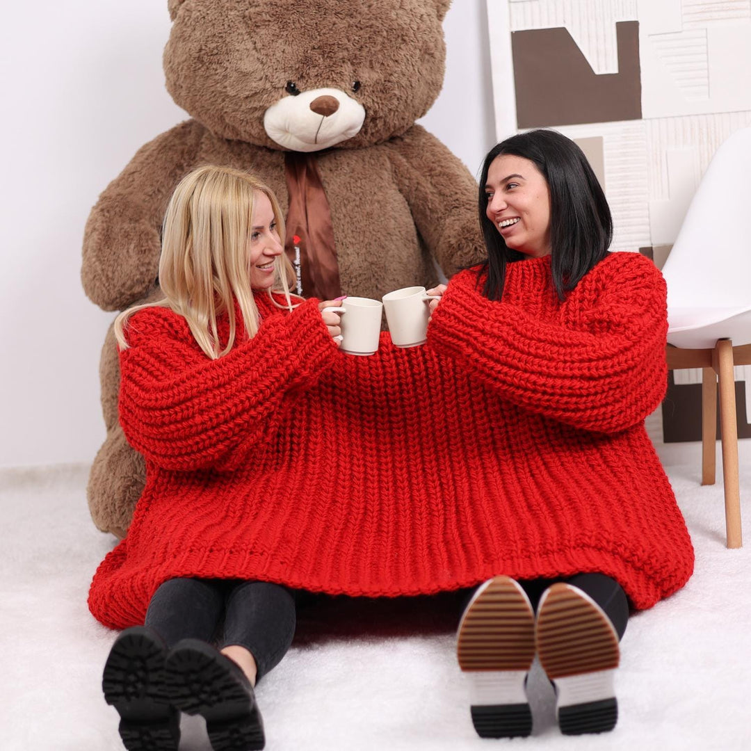 Chunky Wool Couples Sweater – Oversized Hand-Knitted Double-Neck Red Pullover for Two T1845