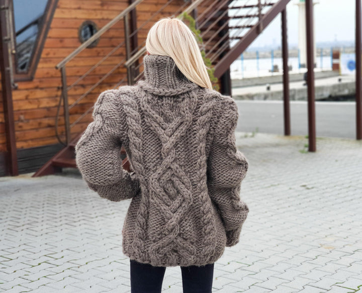 Wool Cable Knit Sweater – Hand-Knitted Chunky Warm Pullover T924
