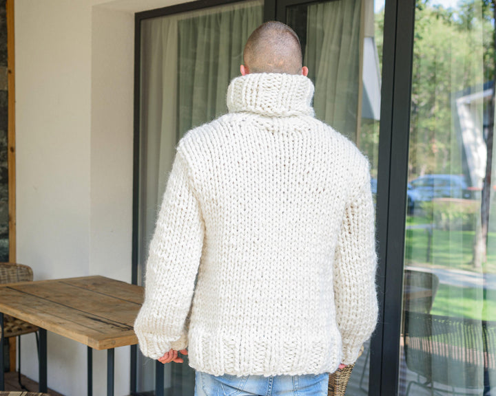 Wool Cable Knit Sweater – Hand-Knitted Chunky Warm Pullover T892W