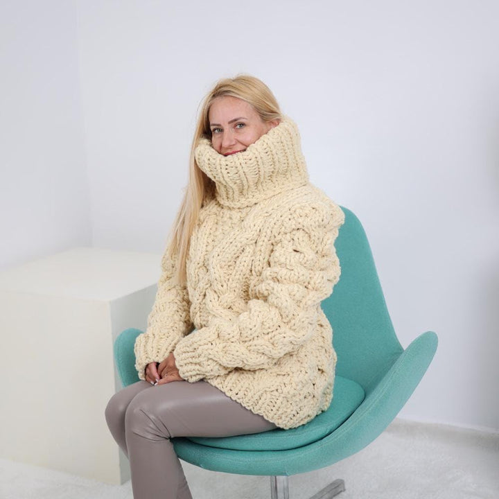 Chunky Cable Wool Sweater – 5-Strand Hand-Knitted Pullover with 50 cm Extra-Long Turtleneck T1917