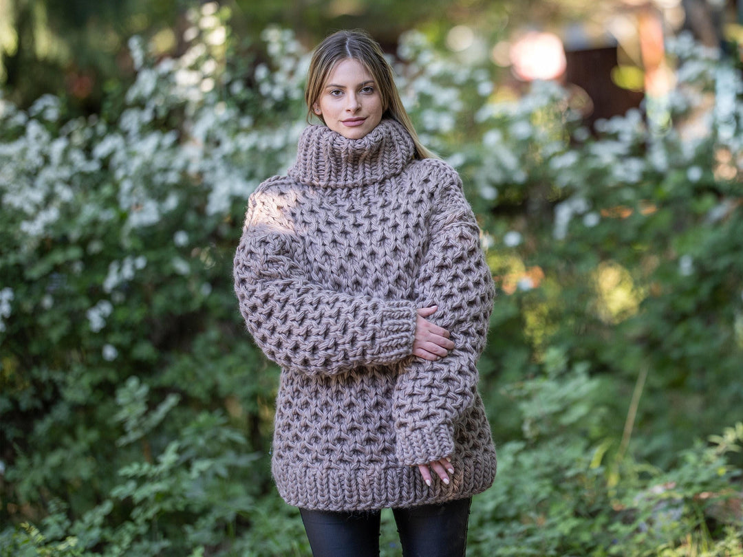 Brown Cable Knit Sweater – Hand-Knitted Women’s Honeycomb Turtleneck Pullover T1198