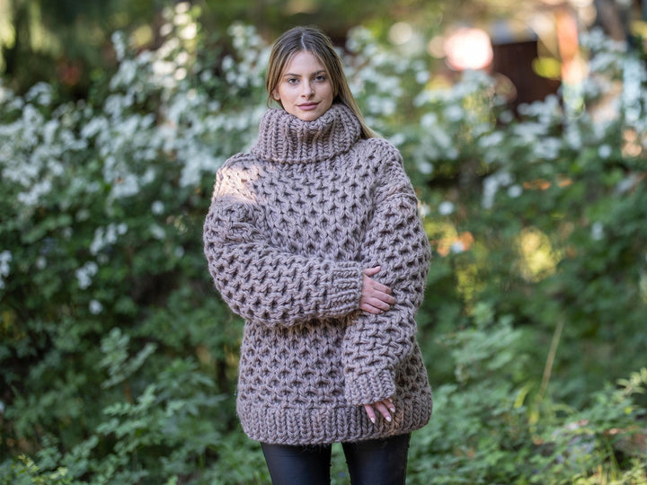 Brown Cable Knit Sweater – Hand-Knitted Women’s Honeycomb Turtleneck Pullover T1198