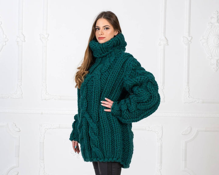 Mega Thick Wool Sweater – Hand-Knitted Green Soft Turtleneck Cable Pullover T968W