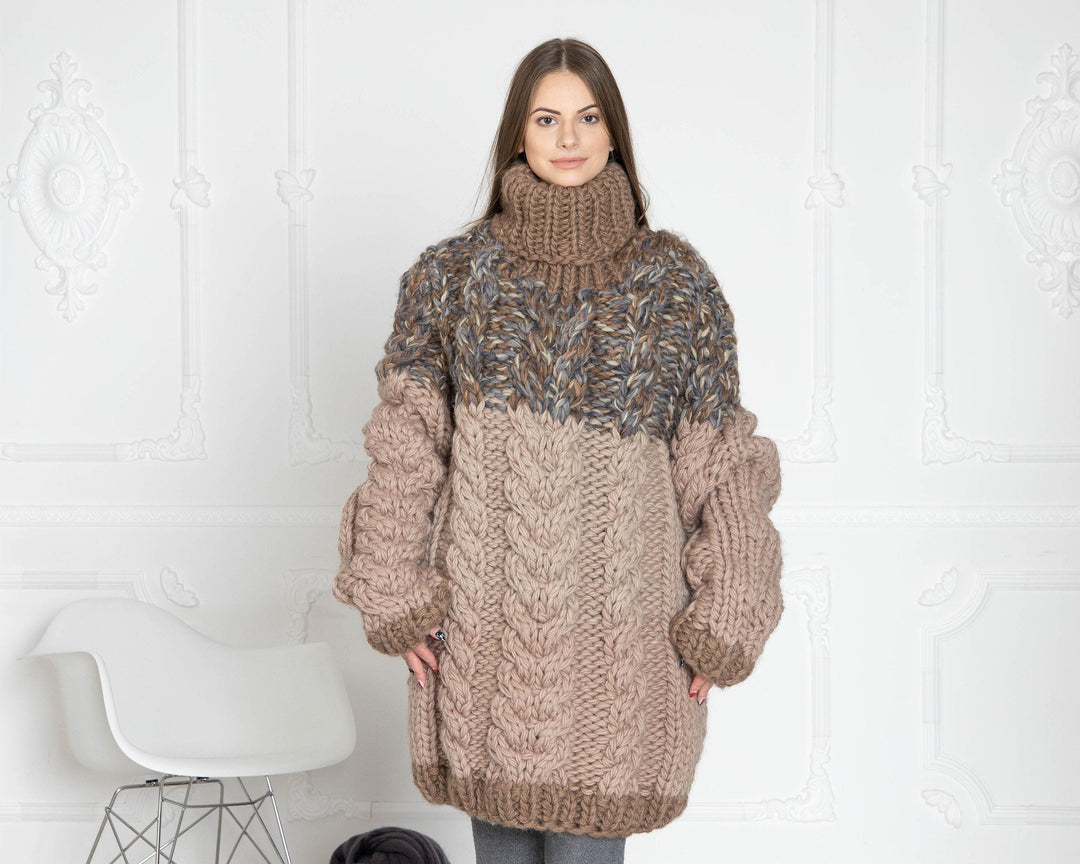 Chunky Cable Turtleneck Sweater – Hand-Knitted Virgin Organic Wool Pullover for Women T631W