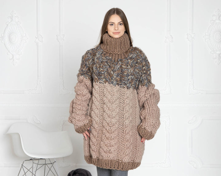 Chunky Cable Turtleneck Sweater – Hand-Knitted Virgin Organic Wool Pullover for Women T631W