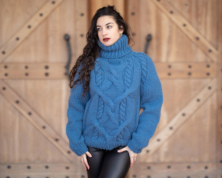 Wool Sweater Blue Chunky Knit, Hand Knitted 100% Wool Pullover T1352