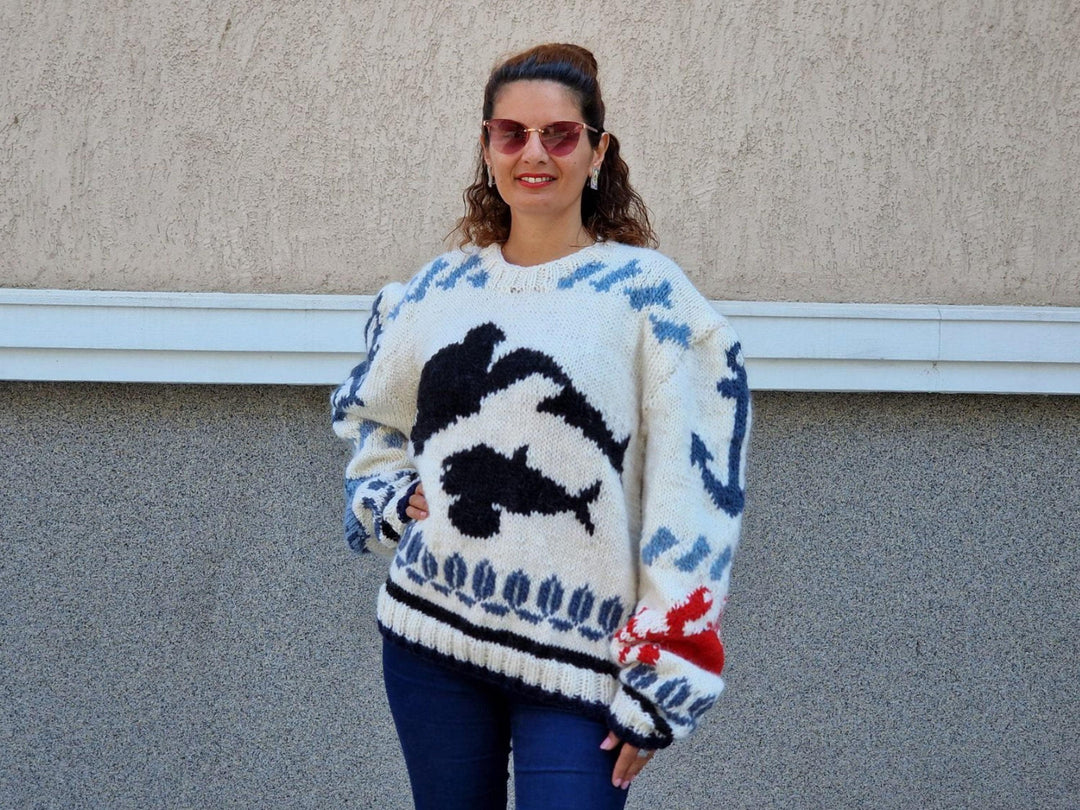 Marine Blue Wool Sweater, Hand Knitted Chunky Jumper, Thick English Rib Pullover, 100% Wool Knit T1225