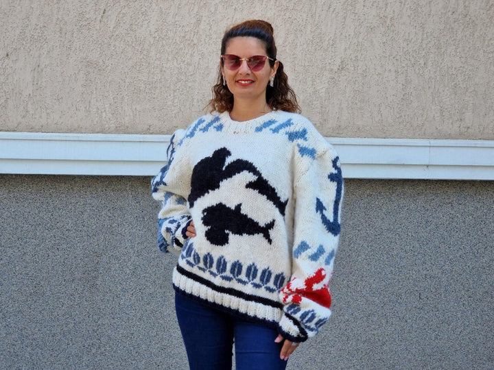 Marine Blue Wool Sweater, Hand Knitted Chunky Jumper, Thick English Rib Pullover, 100% Wool Knit T1225