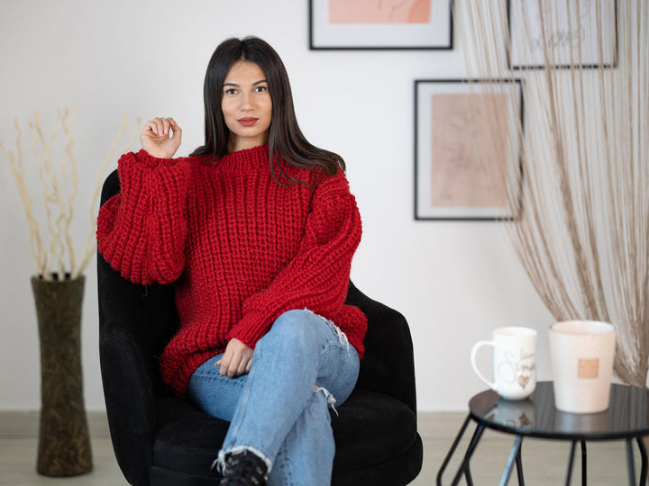 Wool Sweater Red Fisherman Ribbed Knit, Hand Knitted Warm Wool Jumper T1166