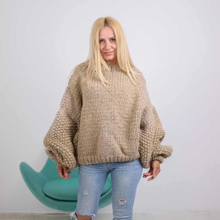 Short Wool Sweater with Oversized Sleeves, Hand Knitted  Jumper T1880