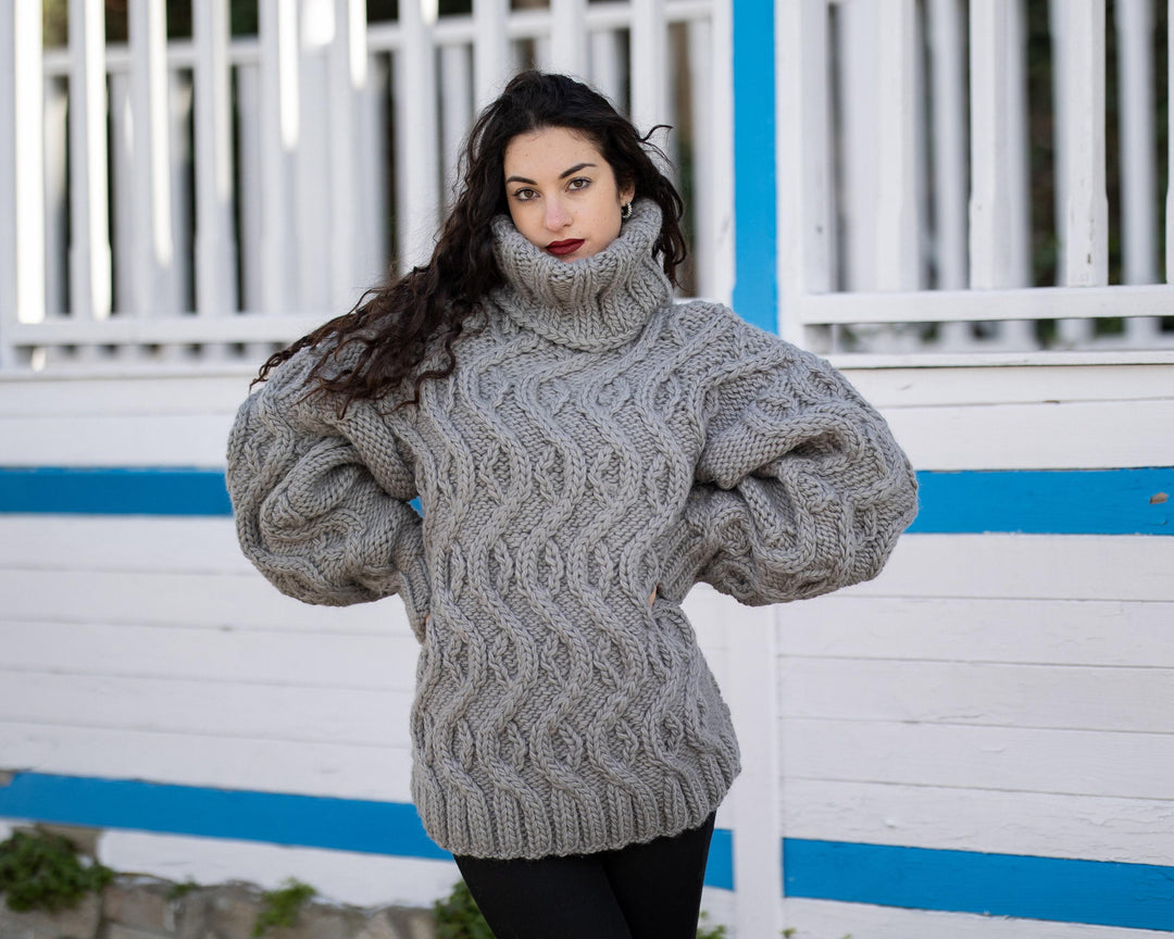 Gray Cable Knit Wool Sweater – Hand-Knitted Women’s Chunky Turtleneck Pullover T1093