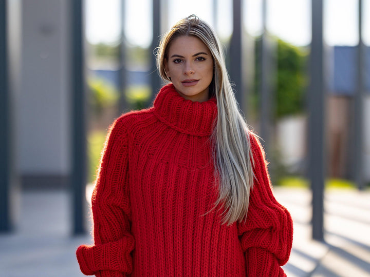 Wool Sweater Red Ribbed Knit, Hand Knitted Chunky Wool Pullover T1262