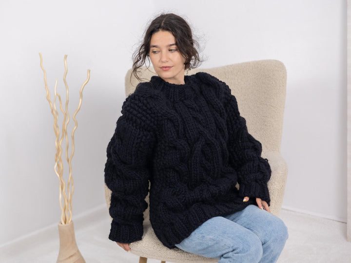 5-Strand Thick Black Wool Sweater – Massive Cable Knit Woolen Pullover T1668