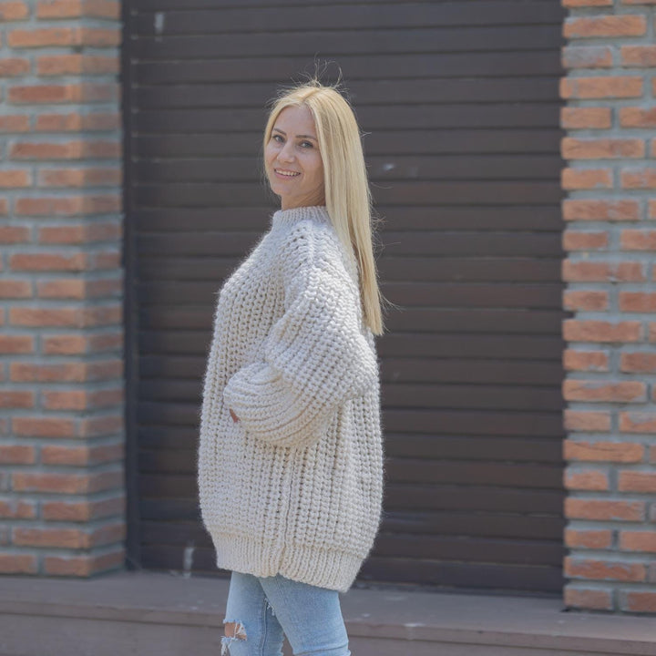 Wool Sweater Off-White English Rib Knit, Hand Knitted Chunky Oversized Pullover T1866