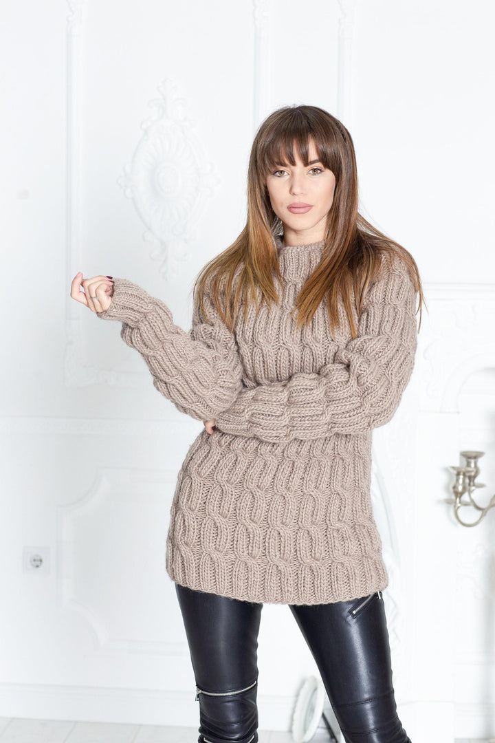 Wool Sweater Moss Green Cable Knit, Hand Knitted Oversized Chunky Pullover T601