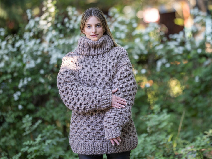 Brown Cable Knit Sweater – Hand-Knitted Women’s Honeycomb Turtleneck Pullover T1198
