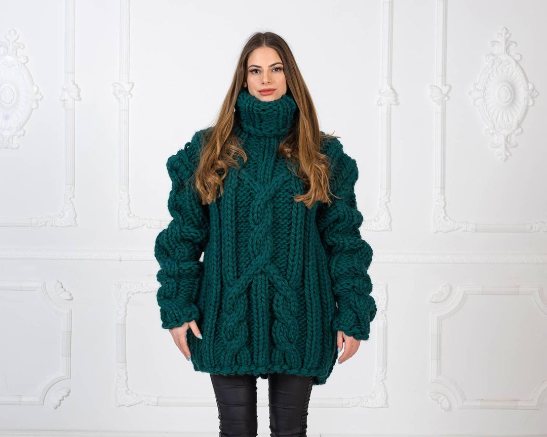 Mega Thick Wool Sweater – Hand-Knitted Green Soft Turtleneck Cable Pullover T968W