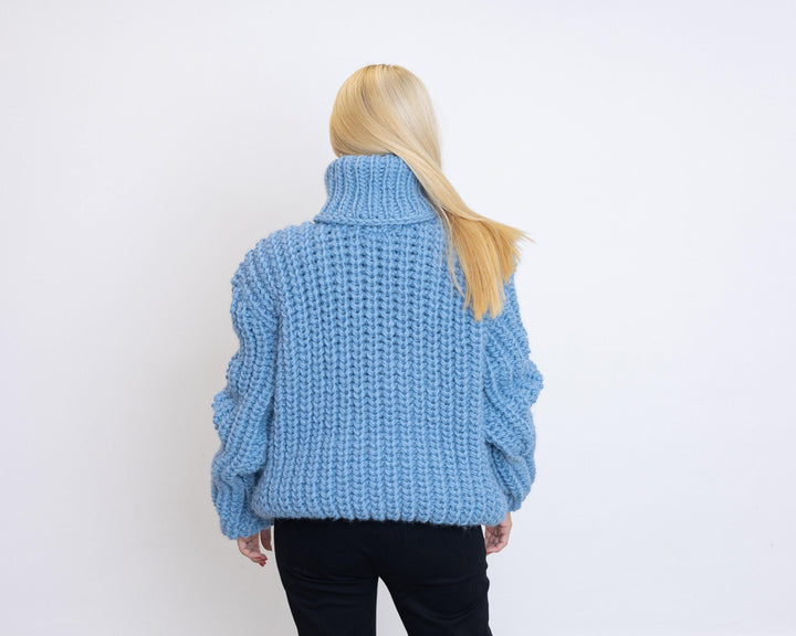 Wool Sweater Blue Fisherman Rib Knit, Hand Knitted Warm Wool Jumper T1519