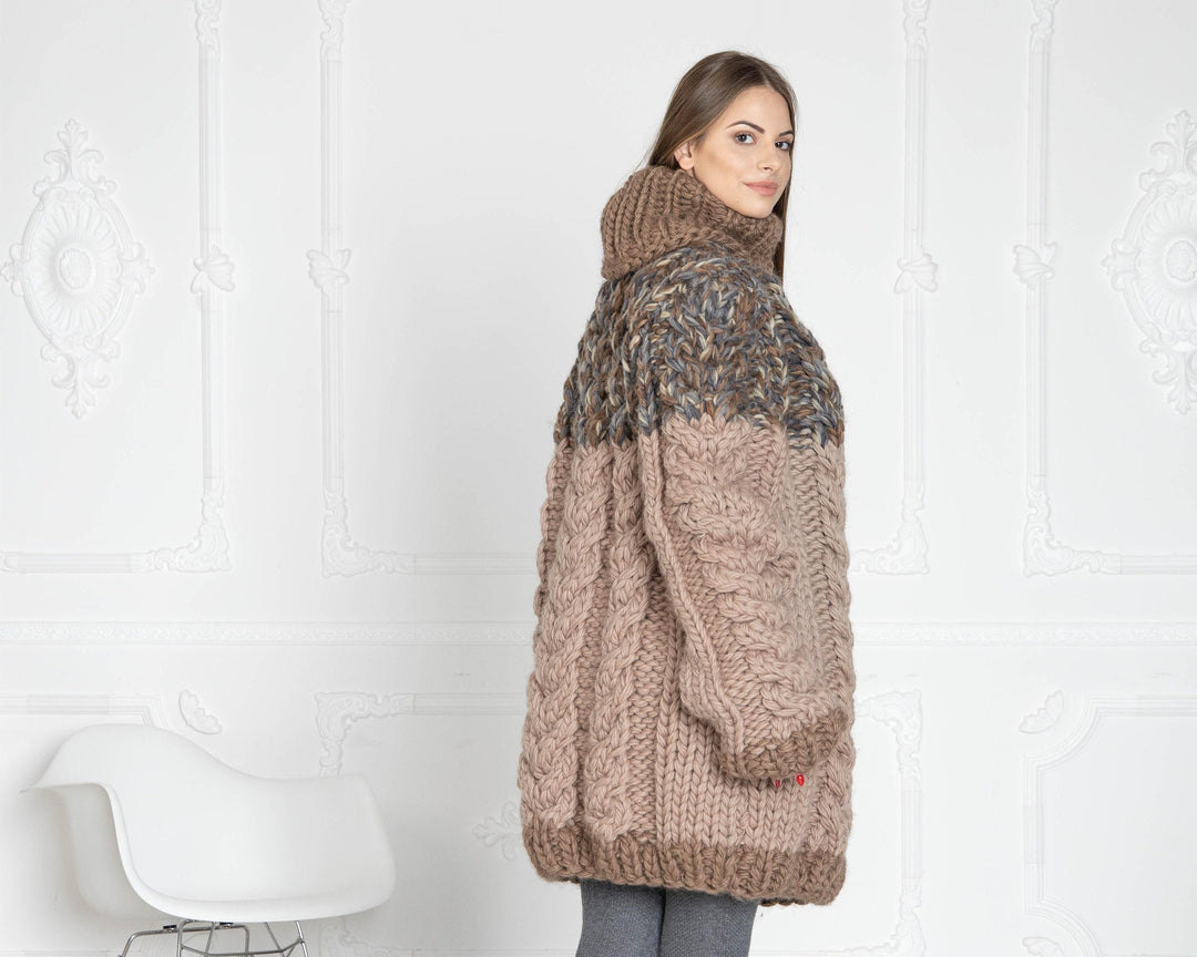 Chunky Cable Turtleneck Sweater – Hand-Knitted Virgin Organic Wool Pullover for Women T631W