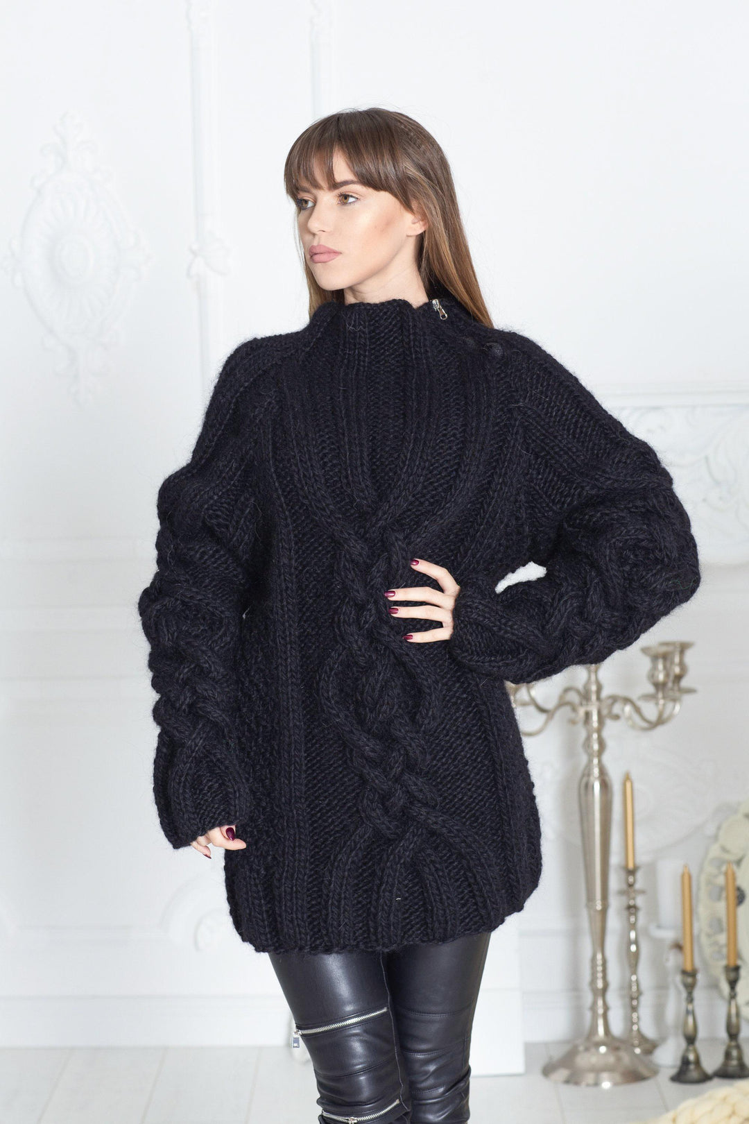 Wool Sweater Black Cable Knit with Zipper, Hand Knitted 100% Wool Pullover T595