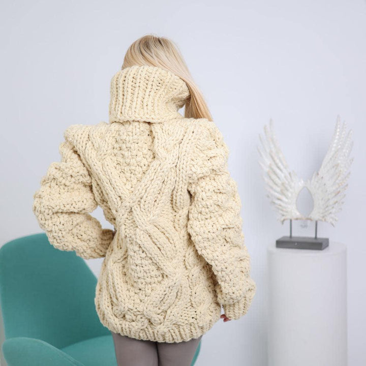 Chunky Cable Wool Sweater – 5-Strand Hand-Knitted Pullover with 50 cm Extra-Long Turtleneck T1917