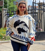 Marineblauer Wollpullover, Handgestrickter Chunky Jumper, Dicker Pullover im englischen Rippenmuster, 100% Wolle Strick T1225