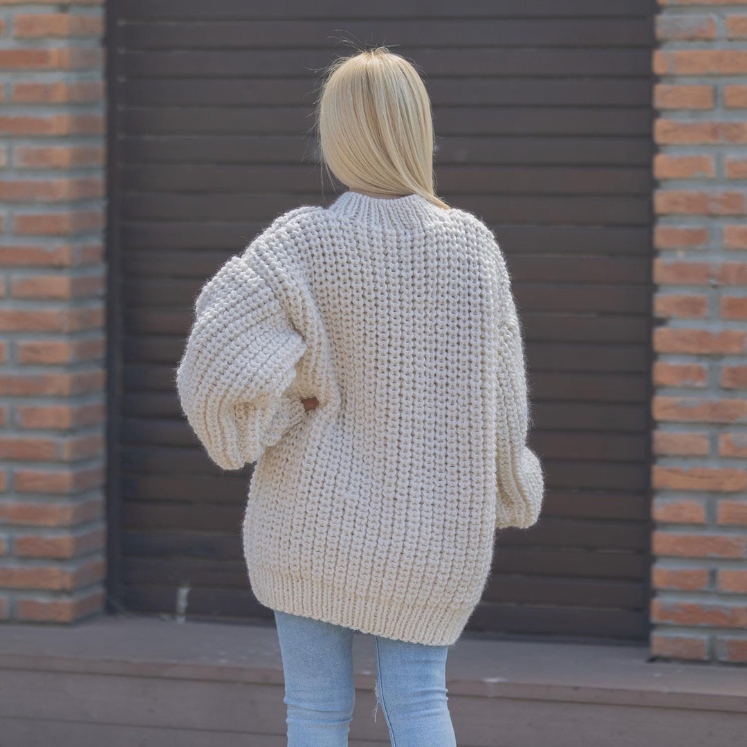Wool Sweater Off-White English Rib Knit, Hand Knitted Chunky Oversized Pullover T1866