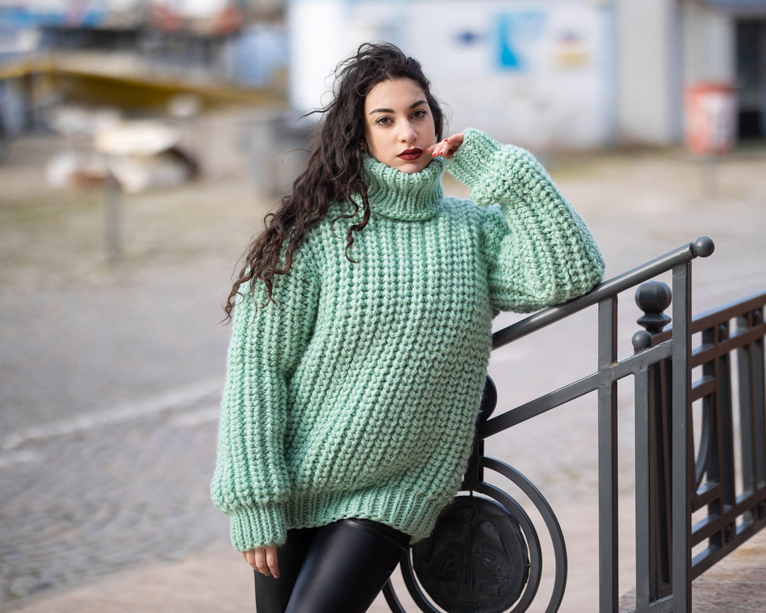 Wool Sweater Blue Turtleneck, Hand Knitted 100% Wool Jumper T1354