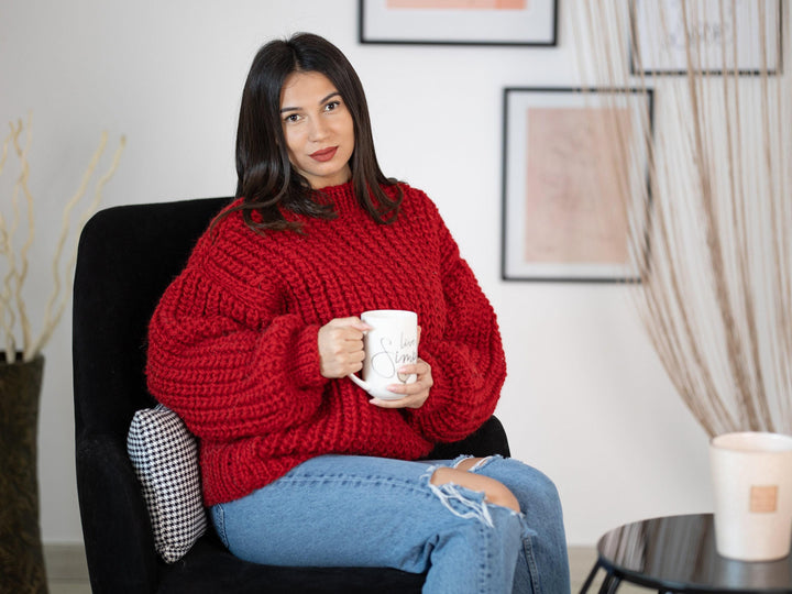Wool Sweater Red Fisherman Ribbed Knit, Hand Knitted Warm Wool Jumper T1166