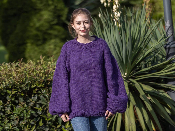 Wool Sweater Purple, Hand Knitted 100% Wool Pullover T1269