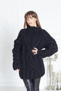 Pull en laine noire torsadée avec fermeture éclair, tricoté main 100% laine T595