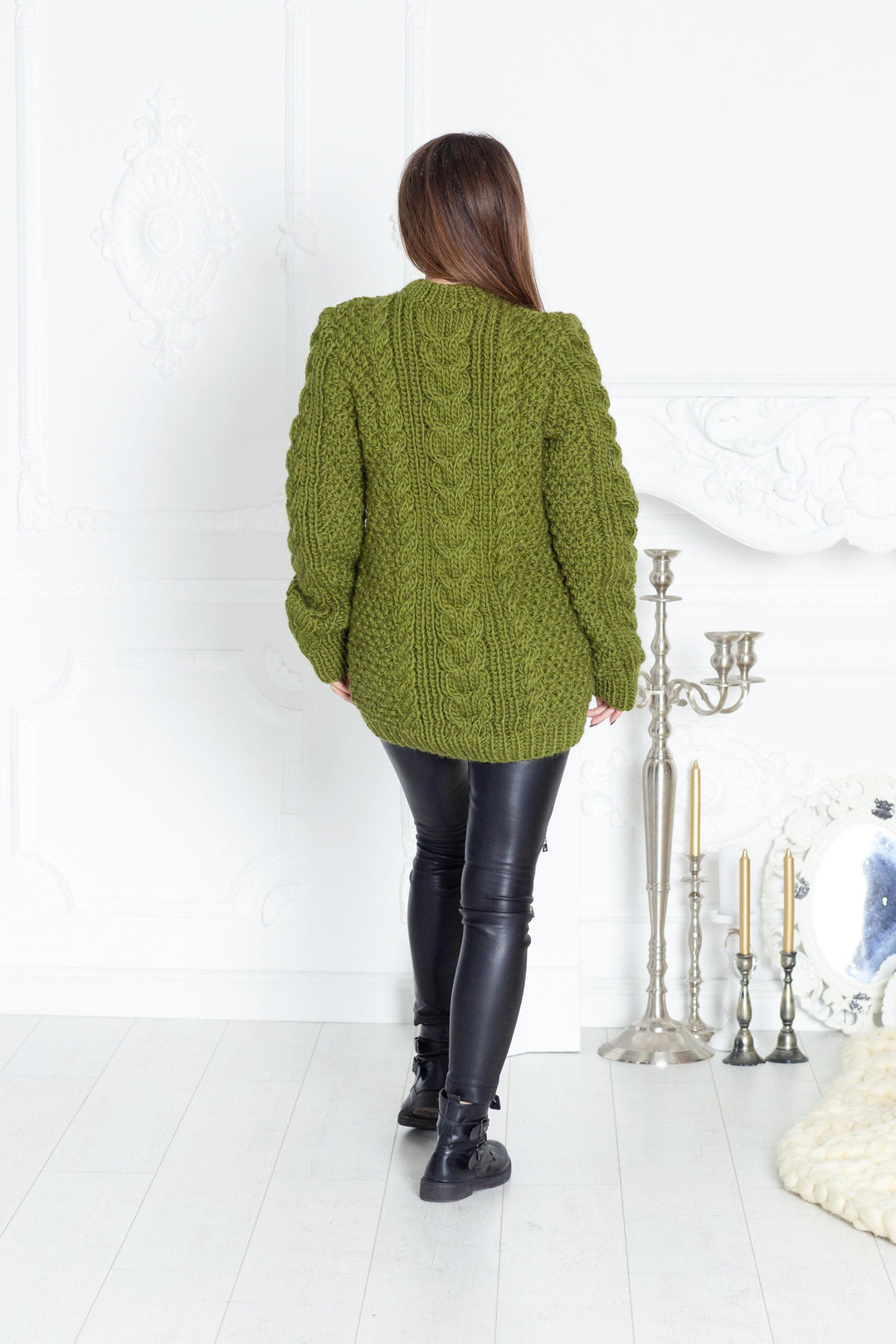 Wool Sweater Turquoise Cable Knit Turtleneck, Hand Knitted Virgin Wool Chunky Pullover T599