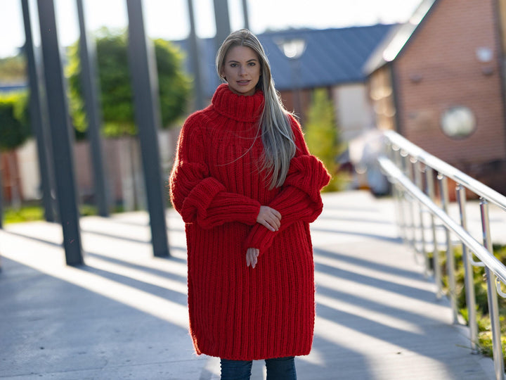 Wool Sweater Red Ribbed Knit, Hand Knitted Chunky Wool Pullover T1262