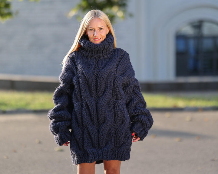 5-Strand Thick Denim Blue Wool Sweater – Massive Cable Knit Woolen Pullover T1447